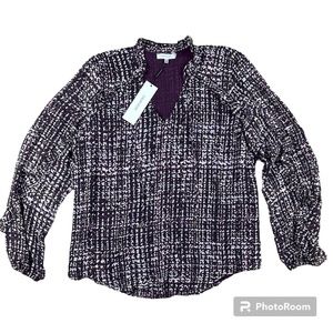 Calvin Klein Modern Essentials Sheer Long Sleeve Ruffle V Neck Blouse